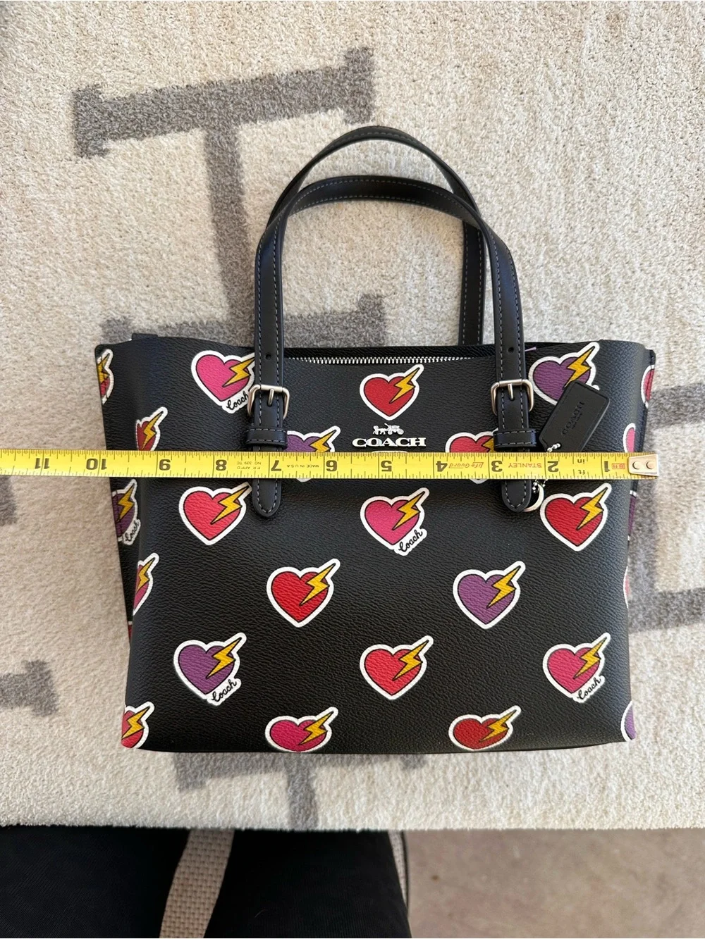 Coach Black Leather Tote with Colorful Heart & Lightning Motif